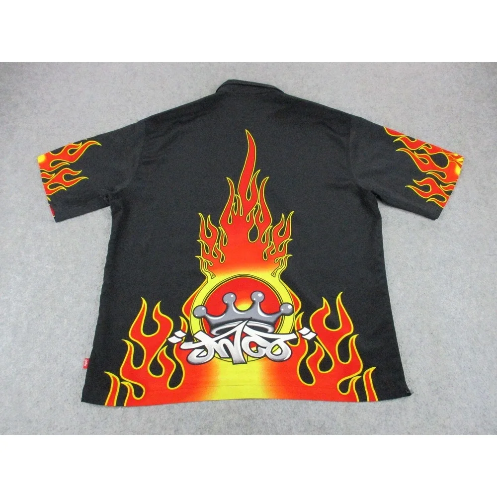 JNCO Shirt Mens Extra Large Black Red Flame Crown Graphic Button Up Skater Y2K